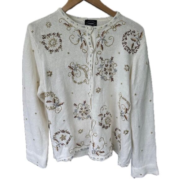 Designers Studio Originals Vintage Christmas Holiday Embroidered Beaded Cardigan - Picture 1 of 9